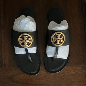 Tory Burch Black Sandals with Gold Logo Brand New - Never Worn!
